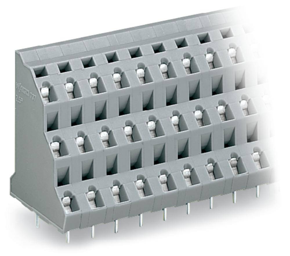 Graue Mehrreihenklemme mit mehreren Anschlussklemmen zur elektrischen Verdrahtung. Geeignet für den Einsatz in Schalttafeln.