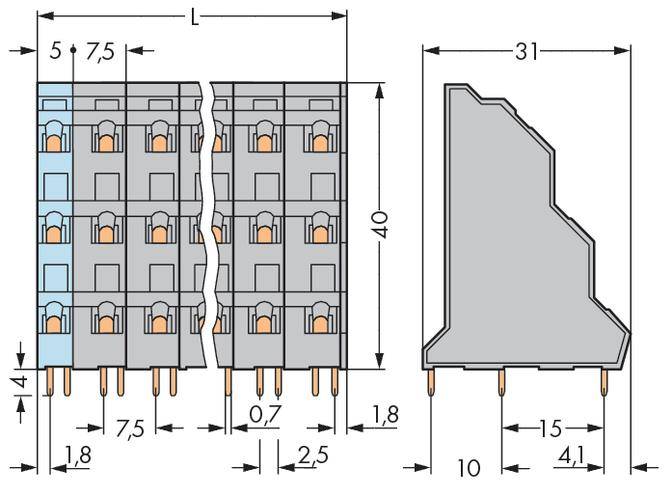 Technische Zeichnung eines elektrischen Steckverbinders mit Maßangaben. Höhe: 40 mm, Breite: 31 mm, Tiefe: 41 mm. Steckplätze und Pinabstände sind dargestellt.