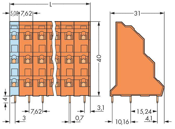 Diagramm eines Steckverbinders mit Abmessungen in Millimetern: Tiefe 31, Höhe 40, Breite 15,24, Rastermaß Optionen 5,08/7,62.