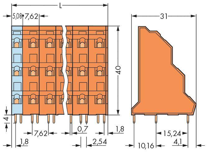 Zeichnung eines elektrischen Steckverbinders mit Abmessungen in Millimetern. Zeigt Front- und Seitenansicht; wichtige Maße markiert.