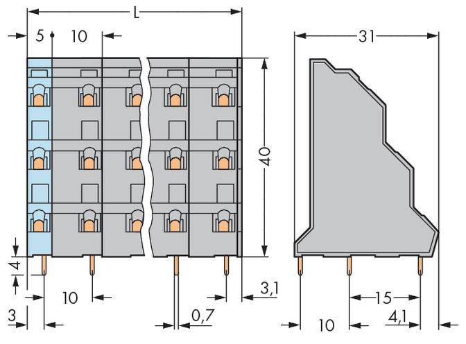 Technische Zeichnung eines elektronischen Steckverbinders mit Maßen und Beschriftungen. Seitliche und obere Ansichten werden gezeigt.