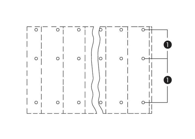 Ein Diagramm zeigt eine Anordnung von Platten mit Linien und Kreisen, die Befestigungspunkte darstellen. Zwei Abschnitte sind beschriftet mit '1'.