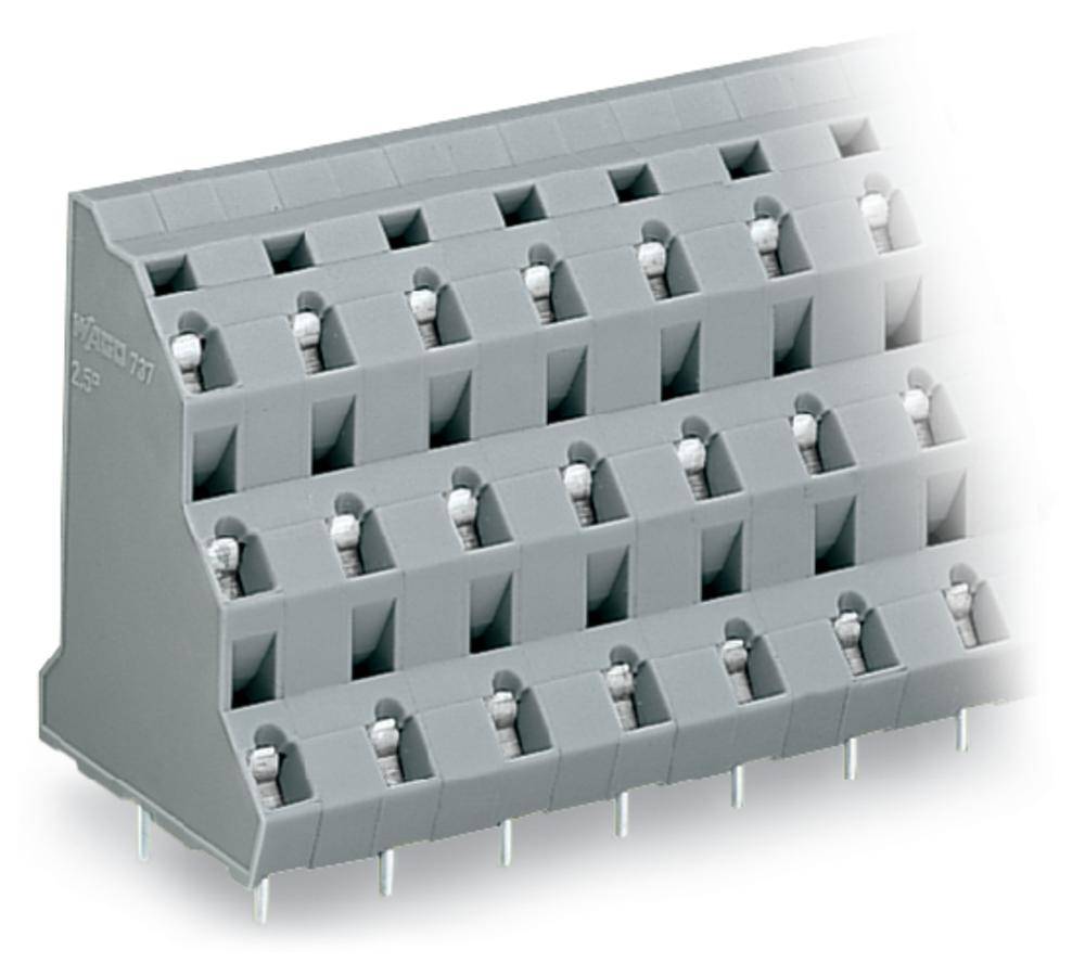 Grauer elektrischer Steckverbinderblock mit mehreren Anschlussklemmen und Metallstiften an der Unterseite, für Platinenanwendungen.