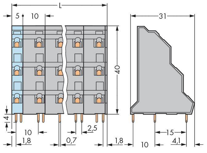 Technische Zeichnung eines mehrpoligen Steckverbinders mit genauen Maßangaben in Millimetern, Seiten- und Vorderansicht.