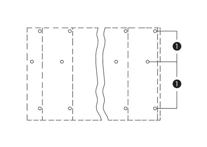 Diagramm zeigt Anordnung von Schrauben in einer Holzplatte. Wichtige Punkte sind mit Nummer '1' markiert, Linien verbinden die Punkte.