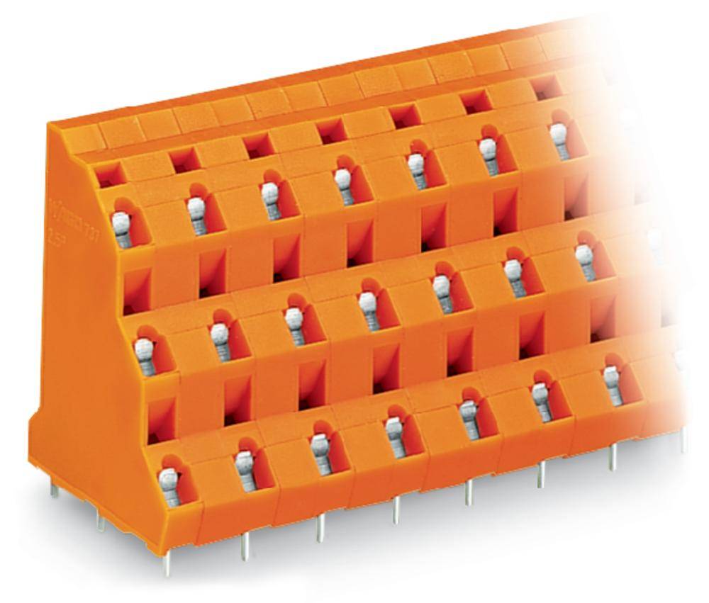 Orangener, mehrstöckiger Steckverbinder mit silbernen Kontaktstiften, verwendet zur elektrischen Verbindung in Geräten.