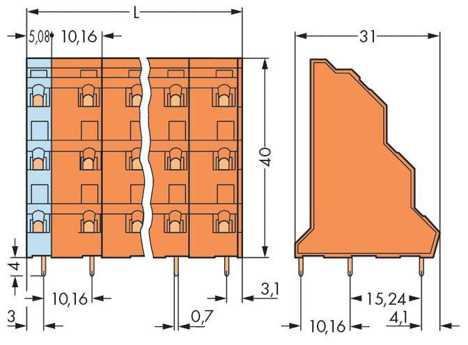 Elektrisches Bauteil mit Maßen: Länge 40 mm, Breite 31 mm. Mehrere Steckplatzreihen, Abstände markiert: 5,08 und 10,16 mm.