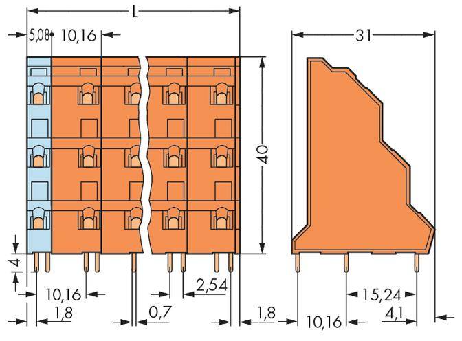 Schematische Darstellung eines elektrischen Steckverbinders mit Abmessungen in Millimetern; zeigt Bauform und Pinanordnung.
