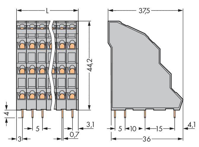 Technische Zeichnung eines elektrischen Bauteils mit Abmessungen: Breite 36 mm, Höhe 44,2 mm, Länge 37,5 mm, Pinabstände 3,5 mm.
