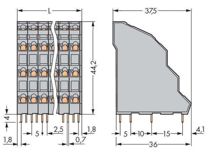 Technische Zeichnung eines Steckverbinders mit Maßen: Länge 44,2 mm, Breite 14 mm, verschiedene Abschnittsmaße detailliert angegeben.
