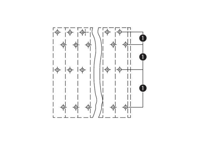 Skizze zeigt eine technische Zeichnung mit symmetrischem Muster aus Kreuzmarkierungen und gestrichelten Linien, verbunden durch Linien mit der Nummer 1.