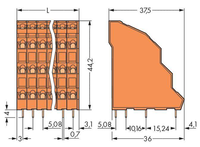 Oranger Schaltplan mit Maßen in Millimetern. Zeigt Ansichten und Abmessungen eines elektrischen Bauteils mit mehreren Pins.