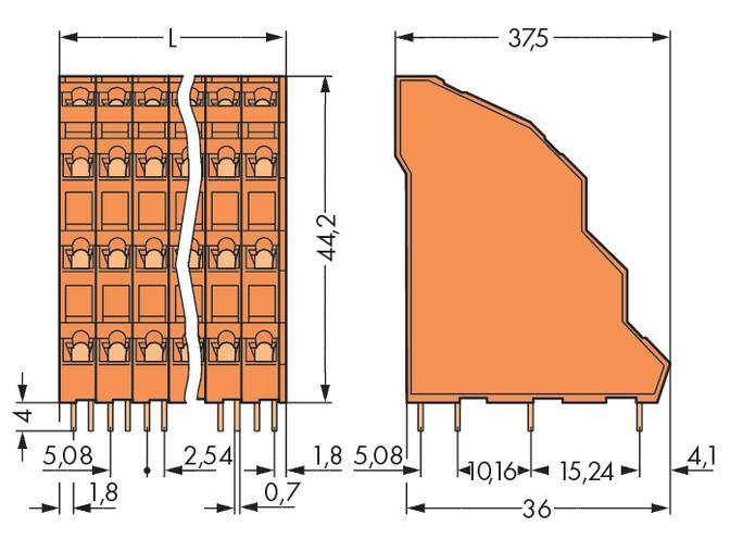 Technische Zeichnung eines Steckverbinders mit seitlicher und frontaler Ansicht. Maße in Millimetern sind spezifiziert.