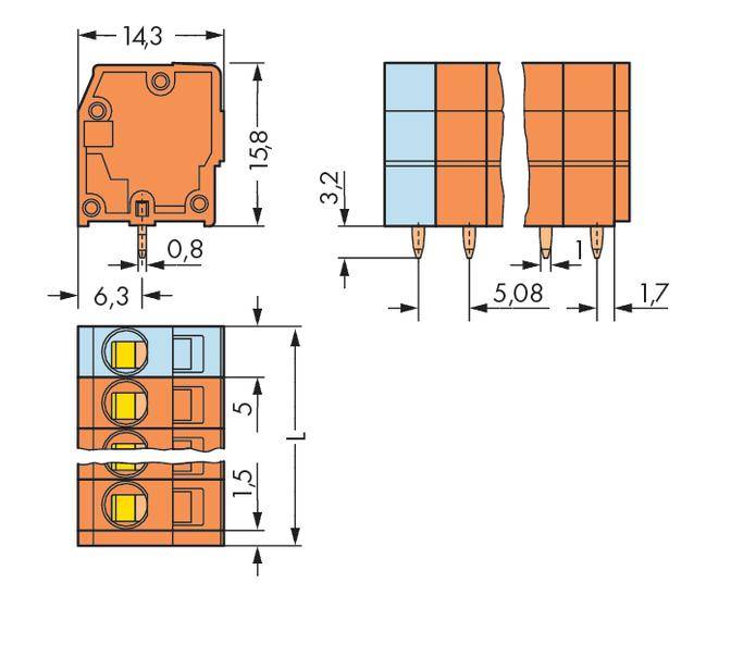Diagramm von elektrischen Bauteilen mit Maßangaben. Oben Abmessungen der Komponenten; seitlich und frontal mit Markierungen in mm.