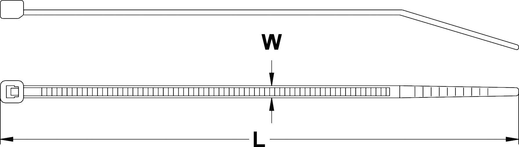 Zeichnung eines Kabelbinders mit den Maßen 'L' für Länge und 'W' für Breite.