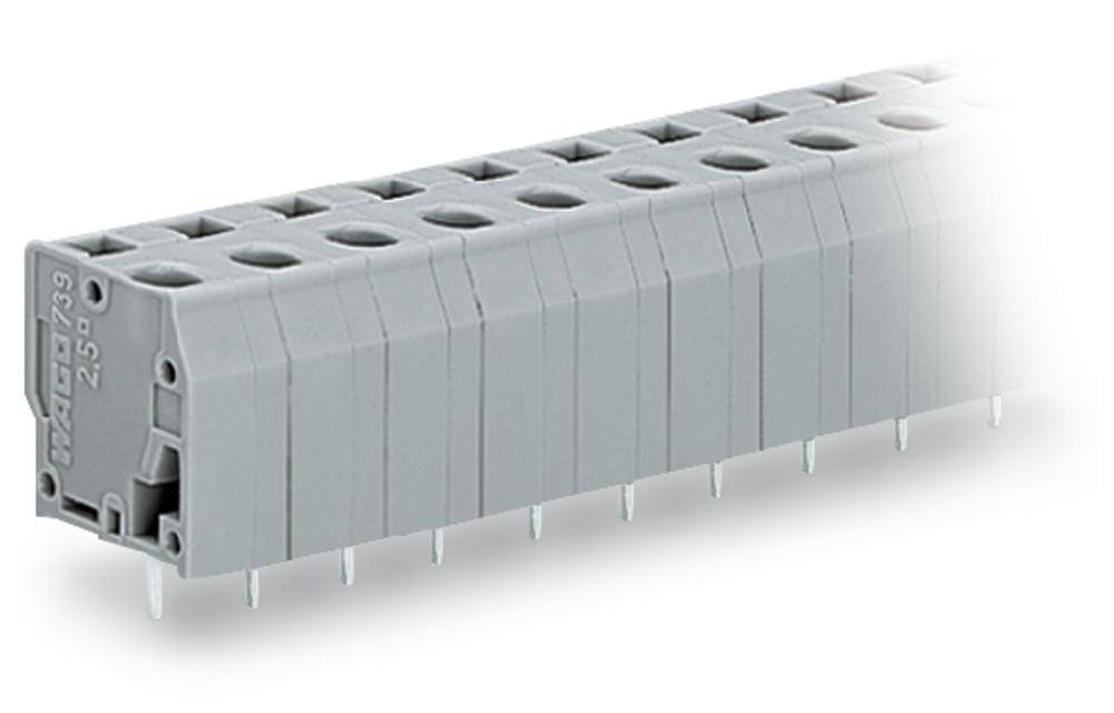 Grauer Leiterplattensteckverbinder mit mehreren Anschlussstellen und metallischen Pins darunter, geeignet für elektrische Verbindungen.
