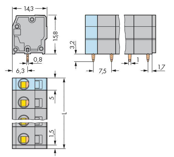Technische Zeichnung eines elektronischen Bauteils. Maße sind angegeben: 14,3 mm, 6,3 mm, 1,5 mm, 1,7 mm, 1,8 mm, 3,2 mm, 0,8 mm, 5 mm, 7,5 mm.