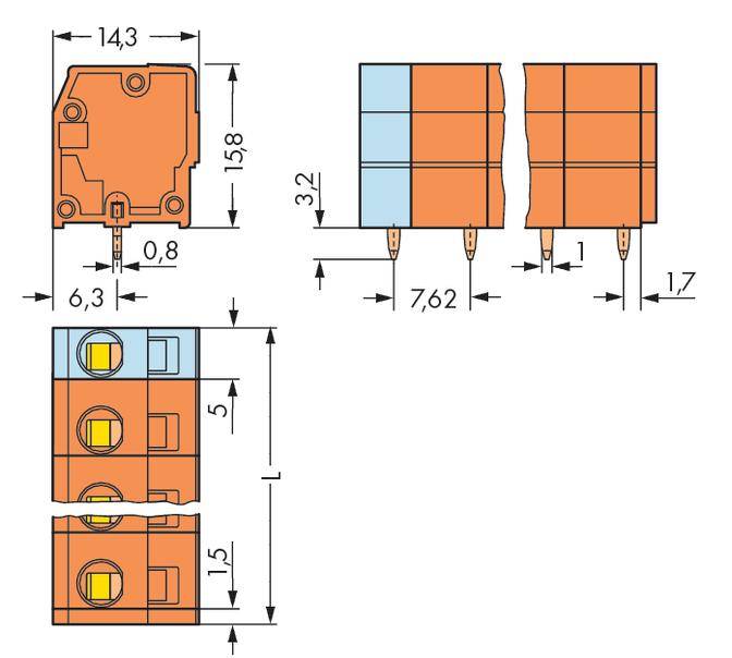 Technische Zeichnung eines elektrischen Steckverbinders mit Abmessungen. Zeigt Vorder-, Seiten- und Draufsicht mit Maßen in Millimetern.