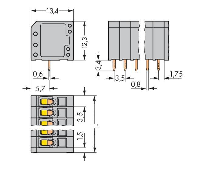 Technische Zeichnung eines elektronischen Bauteils mit Maßen in Millimetern: 13,4 x 12,3 x 13,4. Zeigt Front- und Seitenansicht.