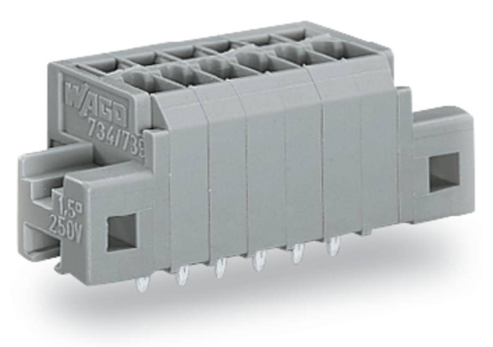 Grauer elektrischer Steckverbinder mit 9 Anschlüssen, beschriftet mit 'WAGO 734/735', Nennspannung 250V, Winkel 1,5°.