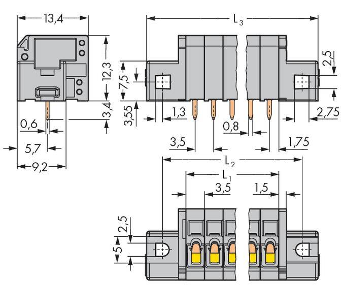 Technische Zeichnung eines elektrischen Steckverbinders. Maßangaben in Millimetern zeigen Breite, Höhe und Tiefe der einzelnen Komponenten.