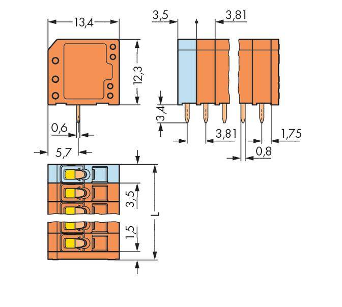 Technische Zeichnung eines elektronischen Bauteils mit Abmessungen in Millimetern. Zeigt Front- und Seitenansicht des Bauteils.