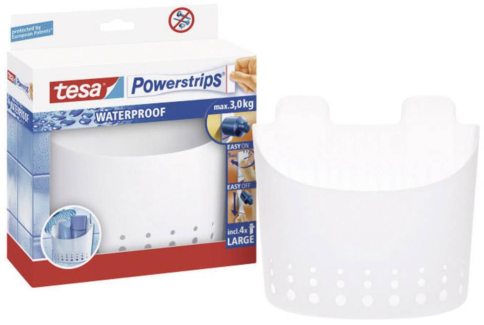 Verpackung und weißer Korb von 'tesa Powerstrips Waterproof'. Für bis zu 3 kg geeignet. Einsatz in Badezimmern und feuchten Umgebungen.