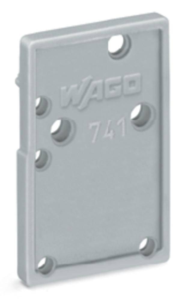 Graue Kunststoffplatte mit der Aufschrift 'WAGO 741' und mehreren Löchern.