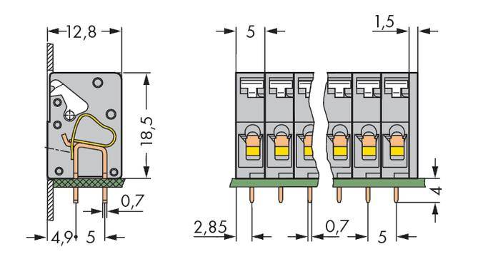 Technische Zeichnung eines elektronischen Bauteils mit Maßangaben in Millimetern, seitliche und frontale Ansicht dargestellt.