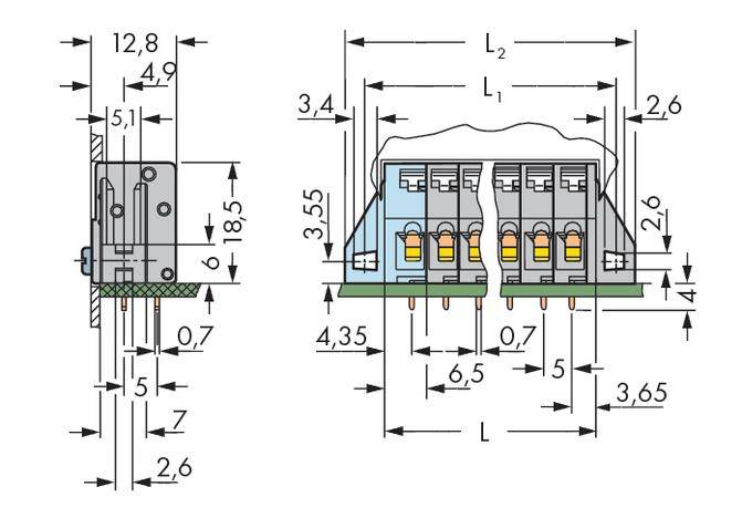 Technische Zeichnung eines elektrischen Steckverbinders mit detaillierten Abmessungen und Ansicht von der Seite und Vorderseite.