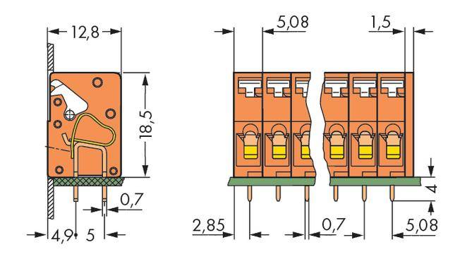 Technische Zeichnung eines Steckverbinders, zeigt Abmessungen: 12,8 x 18,5 mm, Pinabstand 5,08 mm. Drahtführung ist abgebildet.