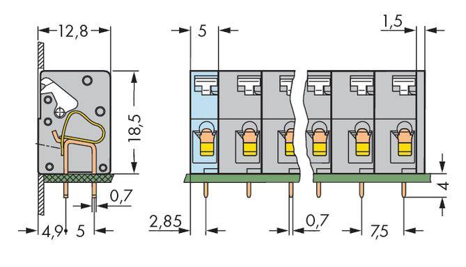 Technische Zeichnung eines elektrischen Relais mit genauen Maßangaben in Millimetern. Zeigt Detailansicht von Schaltkreisen und Pins.