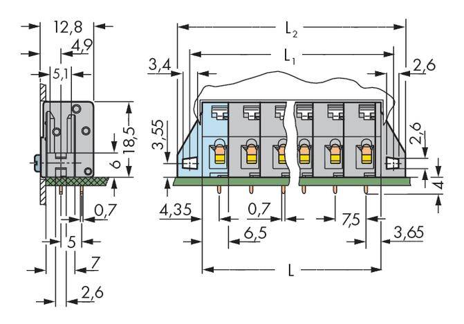 Technische Zeichnung eines elektrischen Steckverbinders mit Maßen in Millimetern. Zeigt Front- und Seitenansicht mit verschiedenen Abständen.