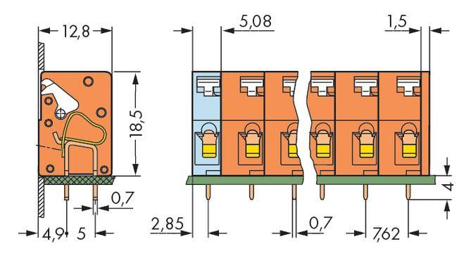 Technische Zeichnung eines elektrischen Steckverbinders mit Abmessungen in Millimetern. Details zeigen Maße und interne Struktur.