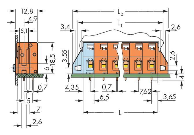 Technische Zeichnung eines elektrischen Steckers mit detaillierten Maßen in Millimetern. Zeigt Seiten- und Vorderansicht.