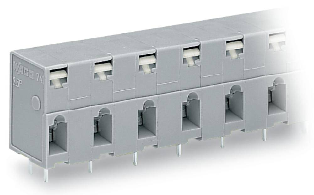 Grauer elektrischer Steckverbinder mit mehreren Anschlüssen, geeignet für die Integration in elektronische Geräte oder Schaltkreise.