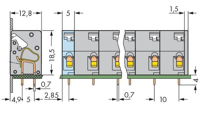Schaltplan eines elektrischen Relaismoduls mit Abmessungen in Millimetern, zeigt Anschlüsse und interne Verdrahtung.