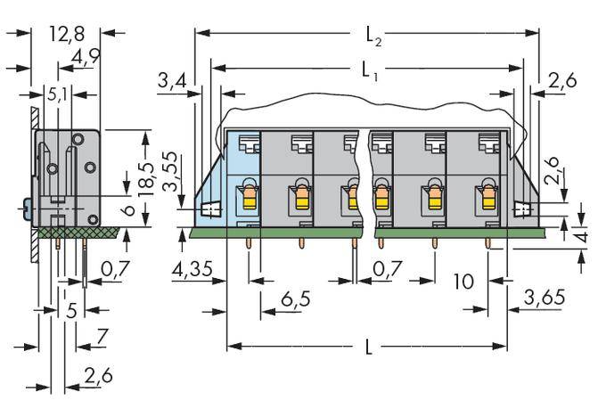 Technische Zeichnung eines elektronischen Bauteils mit mehreren Abmessungen in Millimetern und seitlichem Querschnitt.
