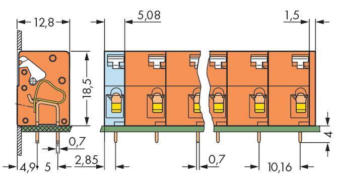 Ein Diagramm eines elektronischen Schaltplans zeigt die Abmessungen und Pins eines Relaismoduls, mit verschiedenen Abständen und Höhen.