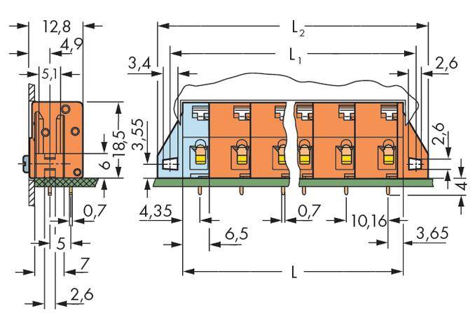 Technische Zeichnung eines elektrischen Steckverbinders mit Maßen und Beschriftungen. Hier werden Detaillinien und Abstände gezeigt.