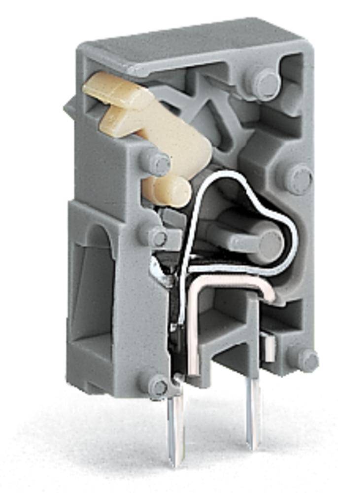 Graue elektrische Steckverbindung mit metallischen Steckern und einem Kunststoffclip innen, seitliche Ansicht.