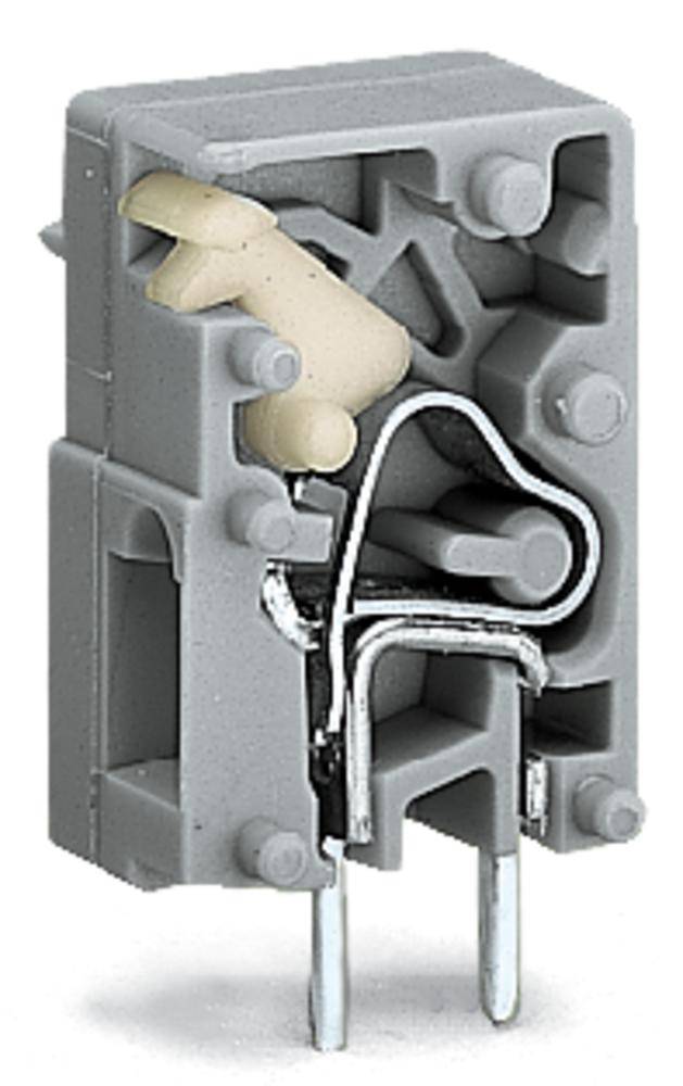 Elektrischer Steckverbinder in einer grauen Kunststoffhülle, zeigt interne Komponenten und Metallkontakte zur Schaltungssicherung.