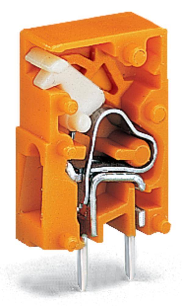 Ein orangefarbener elektrischer Steckverbinder mit zwei Metallstiften und internen weißen und metallischen Komponenten, teilweise geöffnet.