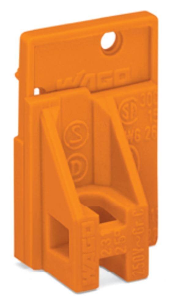 Ein orangefarbener Kunststoffstecker mit mehreren Anschlüssen und geprägten Symbolen auf der Oberfläche.