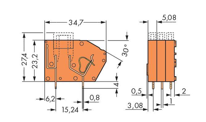 Technische Zeichnung eines elektrischen Bauteils mit Maßen in Millimetern. Hauptansicht links, Seitenansicht rechts.