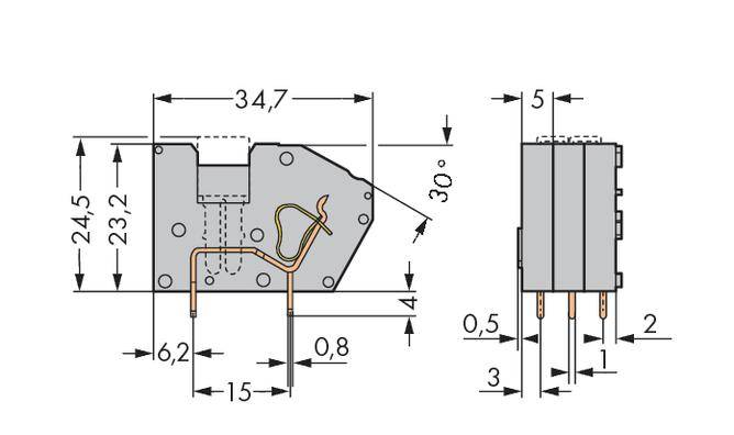Technische Zeichnung eines elektrischen Bauteils mit Abmessungen. Zeigt Länge, Breite und Winkel. Maßangaben in Millimetern.