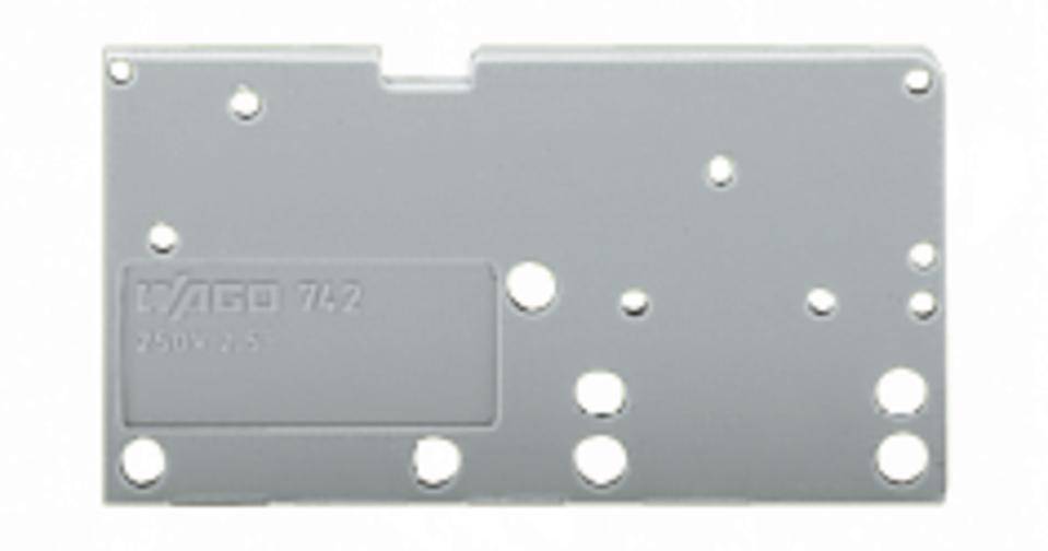 Graue Abdeckplatte mit mehreren runden Löchern und der Aufschrift 'WAGO 742 250V/6A'.