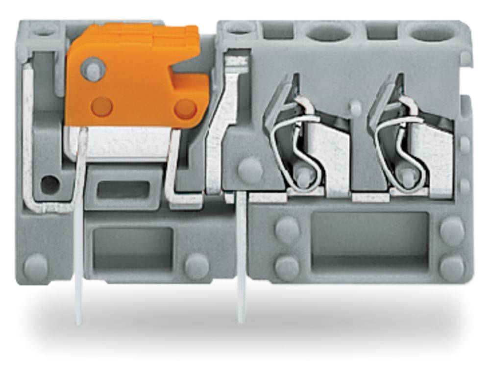 Graues Steckklemmenmodul mit zwei Eingängen und einer orangefarbenen Hebelmechanik für die Befestigung von Drähten.