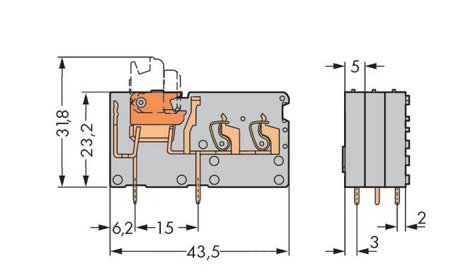 Abbildung eines elektrischen Steckrelais mit Abmessungen in Millimetern: 43,5 Breite, 23,2 Höhe. Zeigt Kontakt- und Spulenanordnung.