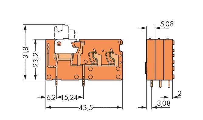 Technische Zeichnung eines elektronischen Bauteils mit Abmessungen: Breite 43,5 mm, Höhe 31,8 mm, Tiefe 15,24 mm. Steckkontakte sichtbar.